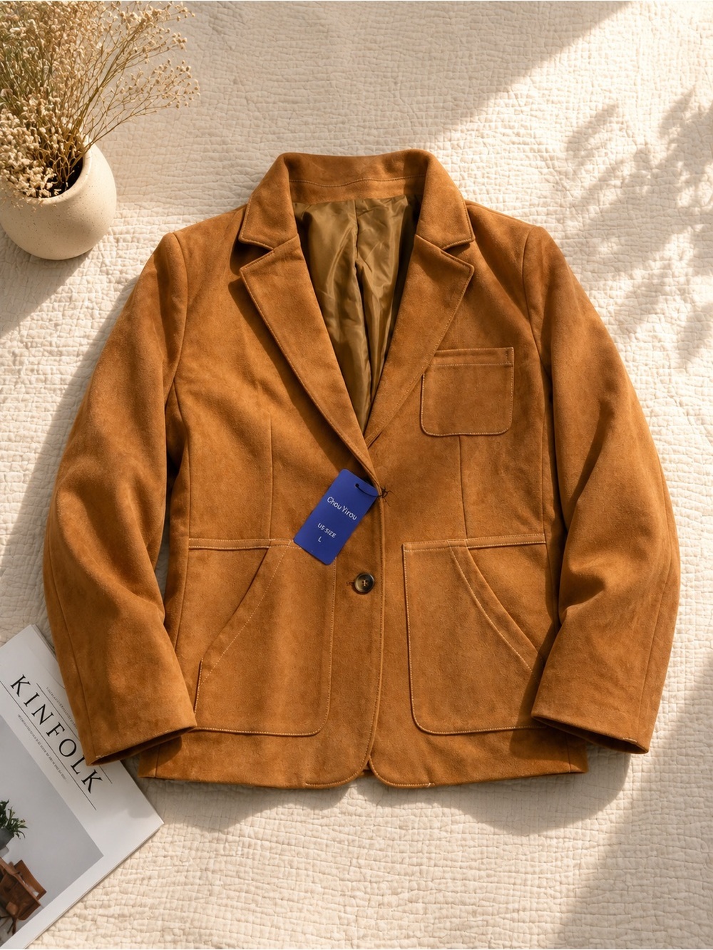 Classic Tan Suede Single-Button Blazer Jacket